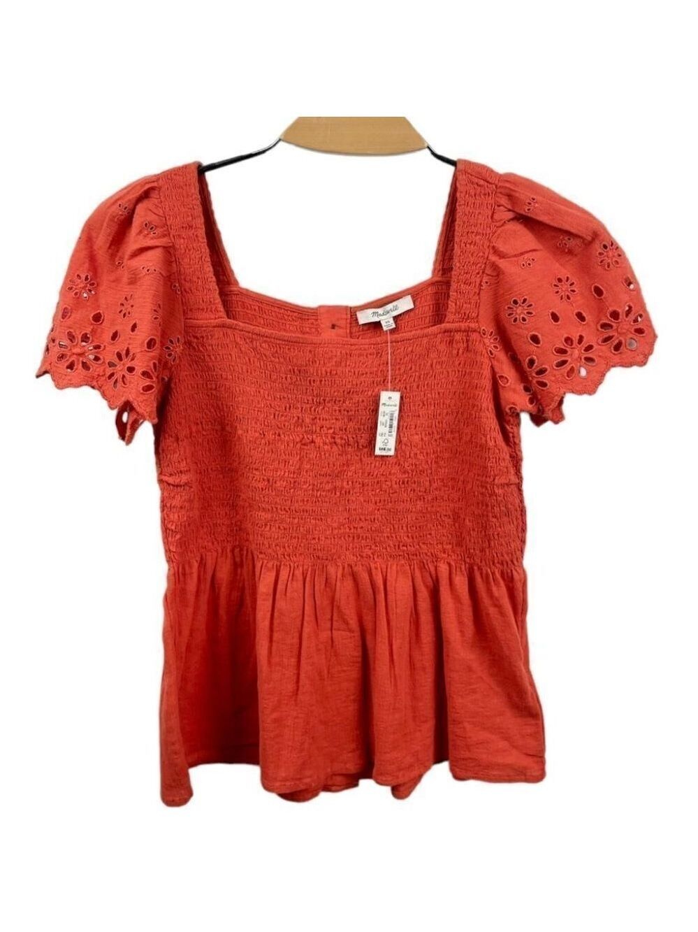 * NEW Madewell Eyelet-Sleeve Lucie Orange Smocked Peplum Top Size XS - Picture 2 of 5